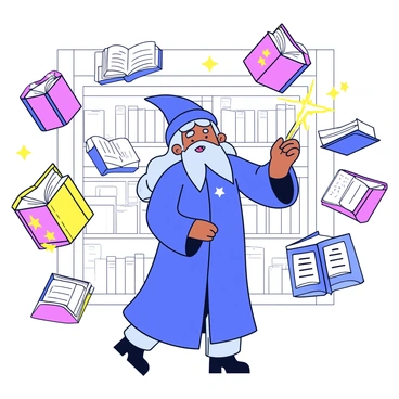 A collection of various books with colorful covers flying around a wizard. The wizard has long silver hair and a beard, wearing a long robe adorned with stars. He is gesturing with a wand, which emits a trail of sparkling light. The books are in different sizes and orientations, some open with pages fluttering. The background features a cozy room with shelves filled with more books.