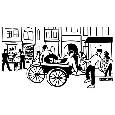 A traditional hand-pulled rickshaw is depicted moving along a busy street in Kolkata. The rickshaw features ornate decorations and has two large wheels. The rickshaw puller is positioned at the front, straining against the weight as he navigates the bustling crowd. Various street vendors and shoppers are visible along the sides, with stalls displaying colorful goods. Buildings line the street, showcasing the architectural style of Kolkata. The scene captures the hustle and bustle of everyday life in the city.