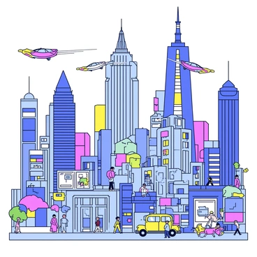 A bustling futuristic cityscape filled with tall skyscrapers and intricate architecture. The buildings are adorned with bright neon lights in various colors. Flying cars zip through the air, leaving trails of light behind them. The streets below are busy with people walking, and there are large digital billboards displaying advertisements. Some trees and greenery are interspersed between the buildings, adding a touch of nature to the urban environment.