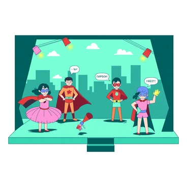 A teal stage is set with colorful props and decorations. In the center, a group of children is dressed in vibrant superhero costumes, each with a unique design. One child in a red cape is standing heroically with hands on hips, while another in a blue mask is holding a toy megaphone, shouting encouragement. Nearby, a girl in a pink tutu and superhero mask is pretending to fly with arms outstretched. The background features a painted city skyline, and colorful spotlights are shining down on the scene, creating an energetic atmosphere.