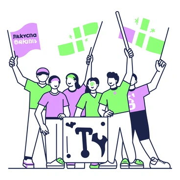 A group of cricket fans is gathered in an open area, showcasing their team spirit. Each fan is wearing jerseys in distinctive colors that represent their team, with some sporting face paint in bold patterns. They are enthusiastically waving flags, with a mix of green and purple designs, while others hold large banners with team slogans displayed prominently. The fans are standing closely together, smiling and cheering, as they celebrate their team during a match. Some fans have their hands in the air, while others are captured mid-shout, expressing their excitement.