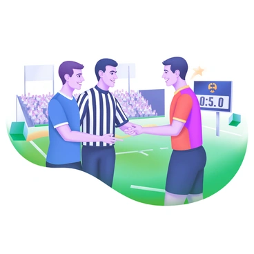 A modern pastel illustration depicting a referee standing between two team captains on a sports field. The referee is wearing a black and white striped uniform, holding a whistle in one hand. The team captains, one in a blue jersey and the other in a red jersey, are facing each other, extending their hands for a handshake. Behind them, the field is marked with white lines, and a scoreboard is visible in the background displaying the match details. Cheerful fans can be seen in the stands, adding a sense of excitement to the scene.