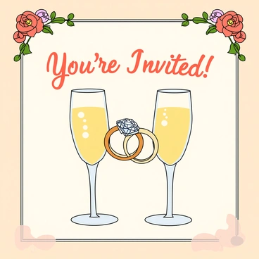 A joyful engagement party invitation featuring a decorative border of elegant floral motifs in pastel colors. In the center, there are two sparkling diamond rings intertwined, reflecting light with their brilliant facets. Flanking the rings are two tall champagne flutes filled with bubbly champagne, adorned with delicate bubbles rising to the surface. Above and below the rings and flutes, the text reads "You're Invited!" in a playful, flowing script, inviting guests to celebrate the special occasion. The background is a soft, light color that enhances the overall festive feel of the invitation.