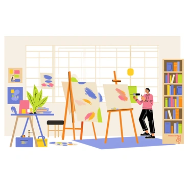 A spacious art studio within a gallery filled with natural light. The room features large windows with sunlight pouring in, illuminating various art supplies scattered around. An easel stands prominently in the center, holding a canvas showcasing colorful brush strokes of an abstract painting. The walls are adorned with completed artworks, showcasing a mix of styles and techniques. A table to one side is cluttered with paint tubes, brushes, and palettes, while a comfortable chair sits nearby for the artist to take breaks. In the background, a tall bookshelf holds art books and sketchpads, adding to the creative atmosphere.