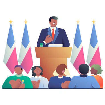 A leader with short black hair and wearing a tailored navy suit is standing confidently at a wooden podium, delivering an inspiring speech. The podium has a small microphone and a nameplate. In front of the leader, a diverse audience is seated, showing various expressions of attentiveness and engagement. Some audience members are nodding along, while others are taking notes on notepads. The room is well-lit, and there are several flags in the background flanking the leader, adding to the formal atmosphere.