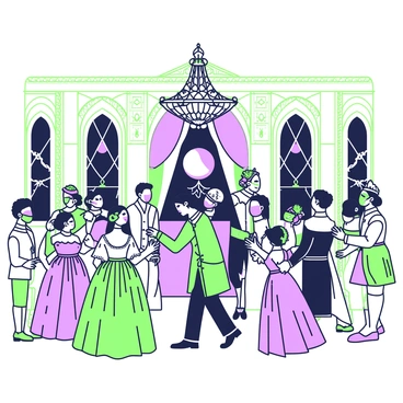 A grand Rococo era masquerade ball is taking place in an opulent hall adorned with intricate decorations. Elegant guests dressed in elaborate gowns and high hairstyles are mingling under a crystal chandelier. Women wear richly decorated dresses, featuring ruffles and lace, while men don finely tailored suits with embroidered details. Each guest is adorned with ornate masks that cover half their faces, showcasing intricate designs and vibrant accents. The atmosphere is lively, with some couples engaged in a waltz while others enjoy small conversations in groups. Large windows reveal a moonlit night outside, enhancing the enchanting ambiance of the event.