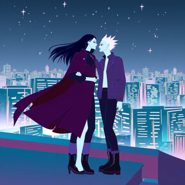 Two ghouls with pale skin and elongated features are standing on a rooftop in Tokyo, surrounded by a skyline filled with neon lights. One ghoul has long, flowing black hair and sharp red eyes, wearing a dark cloak that billows in the wind. The other ghoul has short, spiky white hair and piercing blue eyes, dressed in a tattered leather jacket. They are leaning close together, exchanging whispers, as a blanket of stars twinkles above them, contrasting with the vibrant city lights in the background. A distant sound of traffic can be seen below, while a light breeze rustles the loose items on the rooftop.