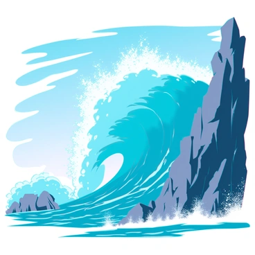 A massive ocean wave, towering and foamy, crashes dramatically against rugged, jagged rocky cliffs. The wave is a vibrant blue, with white splashes of foam flying high into the air. The cliffs are steep, with dark gray rocks that contrast with the aqua water. Small sprays of mist rise from where the wave meets the rocks, catching the light. The sky above is a bright blue with a few scattered white clouds, suggesting a clear day at the coast.