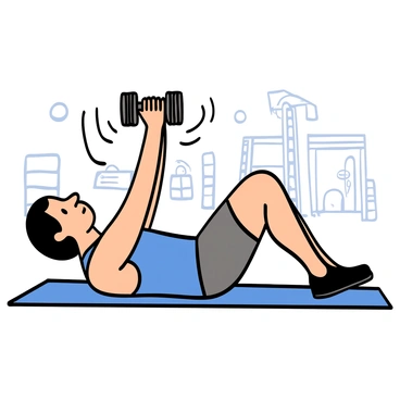 A cartoon illustration of a person performing a dumbbell pullover exercise. The person has light skin and short black hair, wearing a blue tank top and gray workout shorts. They are lying on a yoga mat, holding a dumbbell above their chest with both hands. The arms are extended, and the legs are bent at the knees. There are motion lines around the dumbbell to indicate dynamic movement. The background is a simple gym setting with exercise equipment faintly visible.
