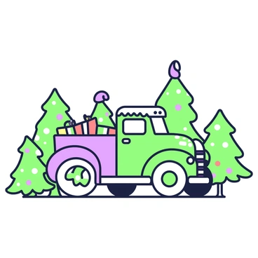 A miniature gingerbread vintage truck is placed in the center of the scene. The truck features intricate icing details, with a shiny green and purple candy coating. Surrounding the truck, there are several candy Christmas trees of varying sizes. Each tree is decorated with colorful candies and highlights. The trees have a green and purple outline, emphasizing their festive appearance. The truck’s cargo bed is filled with small candy presents, adding to the holiday theme.