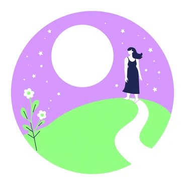 A serene night scene features a large, luminous full moon in the center of the sky. The moon is surrounded by a scattering of stars that twinkle softly. Below the moon, there is a silhouette of a woman standing on a hill, outlined against the night sky. She gazes up at the moon, her hair flowing gently in the night breeze. To the side, a cluster of flowers grows, their shapes clearly defined. In the foreground, a winding path leads toward the hill, inviting viewers to step into the scene.