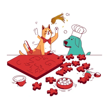 A red jigsaw puzzle is spread out on a white table, with several pieces placed together, forming an unexpected scene. The completed section of the puzzle reveals a humorous image of a cat dressed like a chef, tossing spaghetti in the air. Nearby, a teal dog wearing a chef’s hat looks surprised as meatballs bounce off its nose. Scattered puzzle pieces surround the main image, some showing glimpses of the cat and dog in various cooking antics. The table is cluttered with colorful plates and utensils, adding to the whimsical atmosphere of the scene.