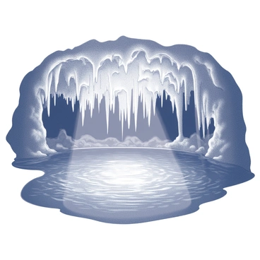 An underground lake with crystal-clear water. The surface of the water reflects the intricate patterns and formations of the ceiling above. Stalactites hang down from the ceiling, and the surrounding rock formations create a natural border. Small ripples disturb the surface, creating a shimmering effect as light reflects off the water. The atmosphere appears tranquil, with the stillness of the water enhancing the sense of calm in the environment.