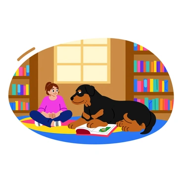 A rottweiler with a shiny black and tan coat is quietly laying beside a child. The child has short brown hair and is sitting cross-legged on a colorful rug, focused on reading a book with bright illustrations. Surrounding them are tall wooden bookshelves filled with various colorful books. Soft, warm light filters through a nearby window, illuminating the scene and creating a cozy atmosphere in the library. The rottweiler has a relaxed expression, resting its head on its paws, while the child occasionally glances at the pages, fully engaged in the story.