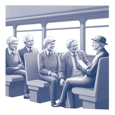 A vintage bus interior filled with a group of elderly passengers. The passengers are seated, engaging with one another as they share stories. Some are laughing heartily, while others have bright smiles on their faces. The bus has wooden benches and retro-style features, such as large windows allowing for natural light to filter in. The passengers are dressed in classic clothing, reflecting a timeless style, enhancing the nostalgic atmosphere of the scene. One passenger is gesturing animatedly while telling a story, while another leans in, listening intently.