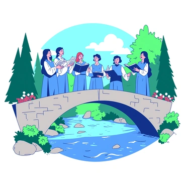 A group of people is standing on a picturesque stone bridge over a flowing river. The choir members are dressed in elegant blue and white robes. They are holding sheet music and are singing harmoniously, with some members smiling joyfully. The bridge arches gracefully over the river, which reflects the surrounding vibrant greenery and the blue sky above. There are flowers in bloom along the edges of the bridge, adding a touch of color to the scene. In the background, tall trees surround the riverbank, enhancing the natural beauty of the setting.