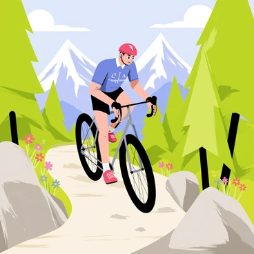 A cyclist wearing a bright red helmet and a blue jersey is riding with determination on a narrow mountain trail. The cyclist is positioned on a rocky path surrounded by lush green trees and colorful wildflowers. In the background, there are towering mountains with snow-capped peaks under a clear blue sky. The cyclist's bike features thick tires and a sleek design, highlighting the adventurous spirit of the scene. Sunlight filters through the leaves, casting dappled shadows on the trail.