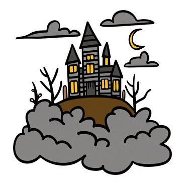 A spooky mansion with dark wood siding and multiple pointed roofs stands on a hilltop. The mansion has tall, narrow windows and a large front door that appears slightly ajar. Surrounding the mansion, there is thick, swirling fog that envelops the base of the hill, creating an eerie atmosphere. The sky above is overcast with dark clouds, and in the distance, silhouettes of barren trees can be seen. A crescent moon peeks through the clouds, casting a ghostly light on the scene.