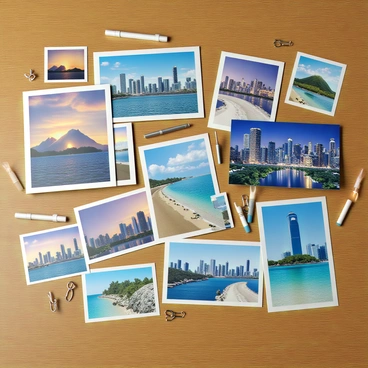 A series of colorful postcards spread out on a wooden table. Each postcard showcases a different landscape or city. One postcard features a vibrant sunset over a mountain range with shades of orange and purple. Another depicts a bustling city skyline with tall buildings illuminated at night. A third postcard illustrates a serene beach with clear turquoise waters and white sand. The postcards vary in size and design, with some having decorative borders and others featuring iconic landmarks. A few scattered paperclips and a pen are also visible on the table.