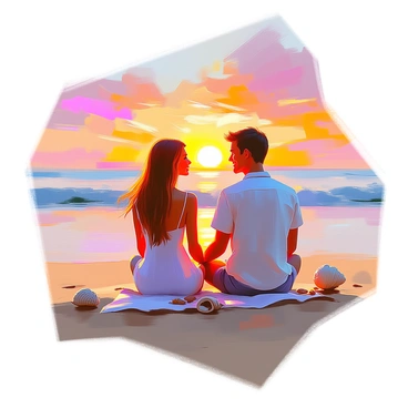 A romantic scene featuring a couple sitting on a sandy beach during sunset. The couple is facing each other, making eye contact with warm smiles, conveying a sense of connection. The woman has long, flowing hair and is wearing a light sundress, while the man has short hair and is dressed in a casual shirt and shorts. The sky is filled with vibrant hues of orange, pink, and purple as the sun sets on the horizon. Gentle waves are lapping at the shore, and a few seashells are scattered around them. The couple appears relaxed and harmonious in this picturesque setting.