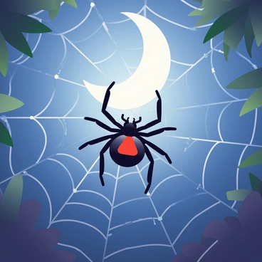 A black widow spider with a shiny, black body and distinctive red hourglass marking is delicately perched in the center of a glowing web. The web is intricately woven, with fine, silken strands shimmering under the faint moonlight. The surrounding area is dimly illuminated, highlighting the contrast between the dark spider and the ethereal glow of the web. The moon, a bright crescent, casts a silvery light that enhances the delicate details of the scene. Tiny droplets of dew are visible on the web, reflecting the moonlight like miniature stars.