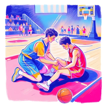 A basketball court is depicted with two players in focus. One player, wearing a blue jersey, is kneeling beside another player who is sitting on the floor, holding their ankle. The injured player, wearing a red jersey, has a pained expression on their face. The teammate in the blue jersey is gently supporting the injured player's leg, showing concern and care. In the background, there are a few spectators watching the game, and a scoreboard displays the scores. The scene conveys teamwork and compassion in the midst of a competitive game.