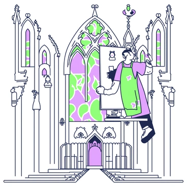 An artist is suspended on scaffolding, working diligently on a fresco inside a Gothic cathedral. The scaffolding is made of wooden beams and is positioned high above the stone floor. The artist, wearing a paint-splattered apron, holds a brush in one hand and a palette in the other. Surrounding the artist, intricate stained-glass windows filter light into the space, casting colorful patterns on the walls. The cathedral features pointed arches and elaborate stone carvings, emphasizing its Gothic architecture. Below, the vast interior is filled with empty pews and an altar visible at the end, providing a sense of scale to the scene.