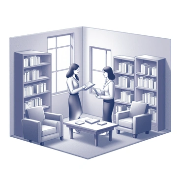 A small community library with people exchanging books
