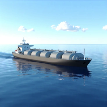An advanced fuel tanker ship with a sleek, elongated hull and a metallic finish is cruising through calm, blue ocean waters. The ship has several large storage tanks visible on its deck, with safety rails and equipment scattered around. The ocean surface reflects the clear sky above, creating a shimmering effect. In the distance, a few fluffy white clouds dot the sky, while the horizon fades into a deeper blue, merging seamlessly with the sea.