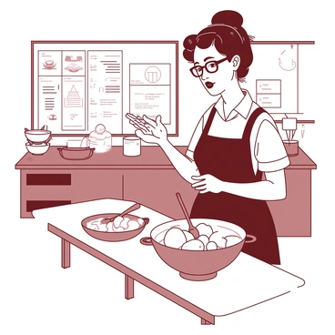A vintage teacher with glasses is standing at a wooden table in a home economics cooking class. She is wearing a classic apron over a floral dress, and her hair is styled in a neat bun. In front of her, there is a bowl filled with ingredients for a simple recipe, including flour, eggs, and sugar. She is holding a wooden spoon, gesturing as she explains the steps of the recipe to her attentive students. The classroom is equipped with various kitchen utensils, and there are charts on the walls illustrating cooking techniques. The atmosphere is filled with a sense of learning and nostalgia.