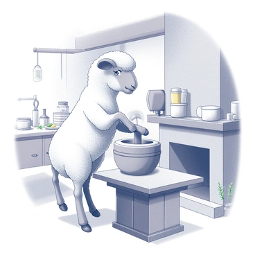 A sheep standing on its hind legs, operating an old-fashioned butter churn. The churn is made of wooden slats and has a large handle for turning. The kitchen is rustic, featuring exposed wooden beams and a stone fireplace. Various kitchen utensils and ingredients are scattered on a wooden table nearby. The sheep has a focused expression, highlighting its dedication to the task at hand. A few sprigs of herbs are visible in the background, adding to the kitchen’s homely atmosphere.