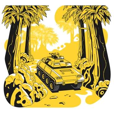 An armored vehicle driving along a narrow, winding path surrounded by tall, dense jungle vegetation. Lush green leaves and vines hang down from trees, partially obscuring the vehicle. The vehicle is equipped with a turret and has thick, reinforced plating. Sunlight filters through the dense canopy, casting dappled shadows on the ground. The path is uneven and covered with various debris from the jungle, adding to the challenging terrain.