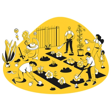 A vibrant community garden with people planting and tending to vegetables