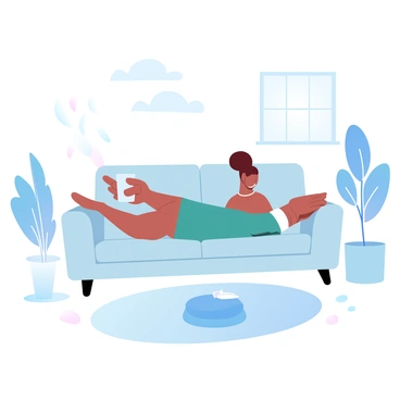 A girl is lounging on a simple, light-colored sofa in a minimalist room. She is holding a cup of coffee in one hand and a book in the other. The room features a clean design with bare walls and a few decorative plants placed in the corners. A small, round coffee table is positioned in front of her, resting on a soft area rug. Sunlight streams in through a nearby window, casting gentle shadows across the floor.