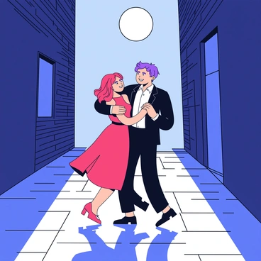 A couple is dancing closely in a narrow alley illuminated by moonlight. The moon is bright and full, casting a soft glow over the scene. The couple is dressed in elegant attire; the man wears a classic black suit while the woman is in a flowing red dress. Their movements create long, dramatic shadows on the cobblestone ground, enhancing the intimacy of the moment. The alley is lined with old brick walls, adding texture to the background.