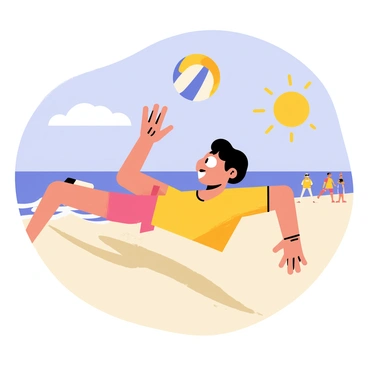 A 3D cartoon character with vibrant colors and exaggerated features is eagerly diving to hit a volleyball. The character has a big smile and wide eyes, showcasing excitement. The volleyball is in mid-air, positioned just above the character's outstretched hand. The sandy beach has a light yellow color, and the ocean waves are gently rolling in the background. The sun is shining brightly in the blue sky, casting cheerful shadows on the beach. A few beachgoers can be seen in the distance, enjoying the sunny day.