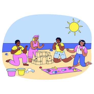 Women of all ages enjoying a sunny day at the beach, building sandcastles and collecting seashells.