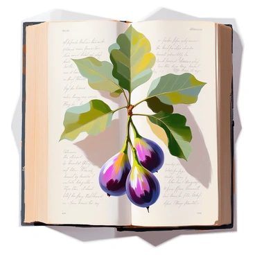 A page from an old botanical book, presenting a hand-drawn illustration of a fig plant. The illustration features detailed leaves with a rich green color and a textured surface, showcasing the unique shape of each leaf. The fig fruits are depicted in clusters, with their round, purplish skin and small speckles visible. The background of the page is adorned with faded handwritten notes and scientific names, providing a historical context to the illustration. The edges of the page show signs of wear, giving it an antique look.