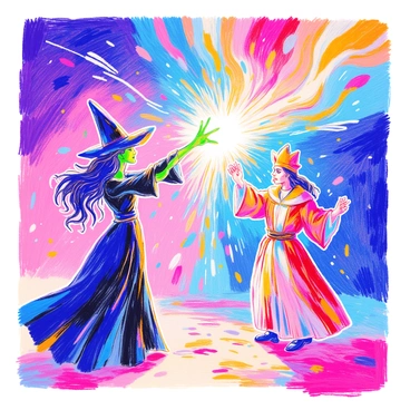 Elphaba, a woman with long dark hair and green skin, stands defiantly with her arm raised, casting a bright green spell. She is wearing a flowing black dress and a pointed hat. Opposite her, a character from Oz, dressed in vibrant clothing, counters with a swirling spell of blue and gold. The background is filled with a dynamic whirl of colors, including streaks of purple, orange, and red, creating an intense and magical atmosphere. Energy crackles between them as their spells collide in a dazzling display.