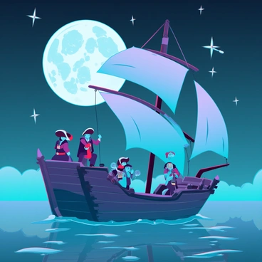 A crew of pirates on a wooden ship sailing under a moonlit sky. The ship has tattered sails and a weathered hull, with several pirates visible on deck. They are wearing traditional pirate attire, including tricorn hats and long coats. The moon is full and bright, casting silver light over the scene. Stars twinkle in the deep blue sky, and their reflections shimmer on the calm water surrounding the ship. The pirates are actively engaged in navigating the ship, with one looking through a spyglass and others adjusting the sails.