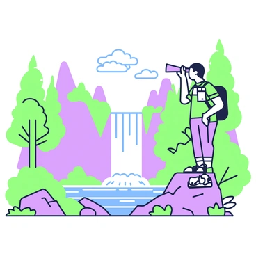 A nature enthusiast is standing on a rocky outcrop, looking through a telescope. The enthusiast has short hair, wears a green shirt, and has a backpack slung over one shoulder. In front of them, a powerful waterfall cascades down a cliff, sending mist into the air. Surrounding the waterfall is dense greenery, with tall trees and lush plants framing the scene. The ground is covered with pebbles and patches of grass. In the background, there are additional rocky formations, contributing to the natural landscape. The sky above is clear, allowing for bright sunlight to illuminate the scene.