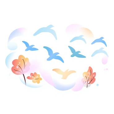 A flock of birds is flying in a precise V-formation across a vibrant autumn sky. The sky is filled with gradient pastel colors, transitioning from soft oranges to gentle yellows, with hints of light pink. Below the birds, trees with colorful autumn leaves in shades of red, orange, and gold are visible. The birds spread their wings wide, creating a dynamic sense of movement as they travel through the crisp air.