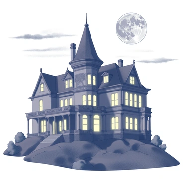 An old mansion with intricate architectural details stands prominently on a hilltop. The building features a steeply pitched roof, multiple gables, and ornate trim around the windows. Glowing windows illuminate the darkened exterior, casting an eerie light onto the surrounding landscape. The terrain is uneven, with patches of grass and rocky outcrops leading up to the mansion. Above, a full moon hangs in the night sky, surrounded by a scattering of clouds, creating a dramatic atmosphere.