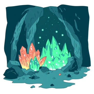 A large cavern is filled with various sizes of glowing crystals that emit a soft light. The crystals are predominantly shades of teal and orange, illuminating the space with their radiant glow. The walls of the cavern are rugged and uneven, reflecting the colorful lights from the crystals in a dazzling display. Some crystals are clustered together, while others stand alone, casting intricate patterns of light onto the stone surfaces. The ground is uneven, scattered with smaller rocks and pebbles, reflecting the enchanting colors from above.