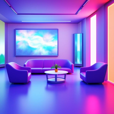 A 3D futuristic lounge room featuring sleek, modern furniture with smooth lines and a minimalist design. The room is illuminated with vibrant neon lights in various colors, adding a dynamic atmosphere. On one wall, there is a large digital screen displaying abstract visuals. The flooring is glossy and reflective, enhancing the high-tech ambiance of the space. A stylish coffee table sits at the center, surrounded by plush seating arrangements that invite relaxation.