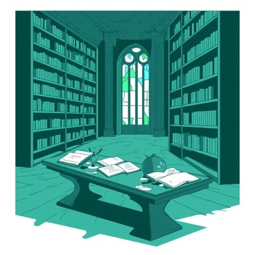 A teal ancient library features towering wooden shelves filled with dusty old books. The shelves stretch from the polished wooden floor to the ornate ceiling, which is adorned with intricate carvings. Dim, warm light filters through large stained glass windows, casting colorful patterns on the floor. In the center of the library, there is a long, dark wooden table covered in open books and scattered parchment. Old globes and quills are placed neatly on the table, hinting at scholarly activity. A soft breeze gently rustles the pages of the books, adding a sense of life to the tranquil atmosphere.