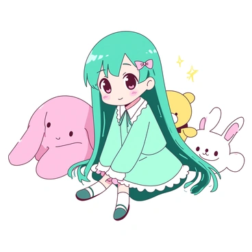 A teal anime girl with large, sparkling eyes is sitting in the center of a circle of various cute plushies. She is wearing a pastel-colored kawaii outfit adorned with frills and bows. The plushies include a pink bunny, a yellow teddy bear, and a white cat, all positioned closely around her. The girl has her hands resting on her knees, and her long, flowing hair falls gently over her shoulders, accented with a pastel hairpin. The overall scene exudes a playful and cheerful atmosphere.