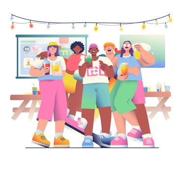 A group of five friends is huddled together, smiling widely as they take a selfie. Each friend is holding a different drink: one has a bright red cocktail, another is sipping from a tall beer glass, a third is holding a colorful smoothie, and the other two are enjoying soft drinks in clear cups. They are standing at an outdoor sports bar, with string lights overhead creating a warm glow. In the background, there are wooden tables and a large screen displaying a sports game, adding to the lively atmosphere. The friends are dressed in casual summer clothing, with hats and sunglasses complementing their relaxed vibe.