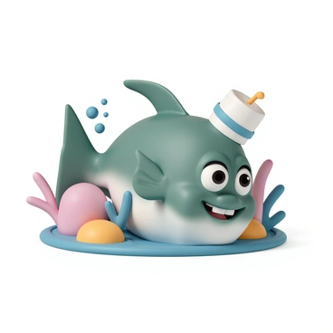 A cod fish with a smooth, shiny body adorned in various shades of green and silver. It has large, expressive eyes and a wide, cheerful grin. Perched jauntily on its head is a tiny sailor hat, which is white with a blue rim. The fish is depicted swimming through vibrant, animated underwater scenery, surrounded by colorful coral and small bubbles rising to the surface. The overall composition conveys a playful and lively atmosphere.