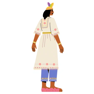 A side view of a person wearing traditional cultural dress, showcasing intricate patterns and vibrant colors. The dress features ornate embroidery along the sleeves and hem, with delicate beadwork glimmering in the light. The person is adorned with a matching headpiece that complements the attire, featuring feathers and colorful fabric. The background is a soft gradient, allowing the details of the dress to stand out prominently.